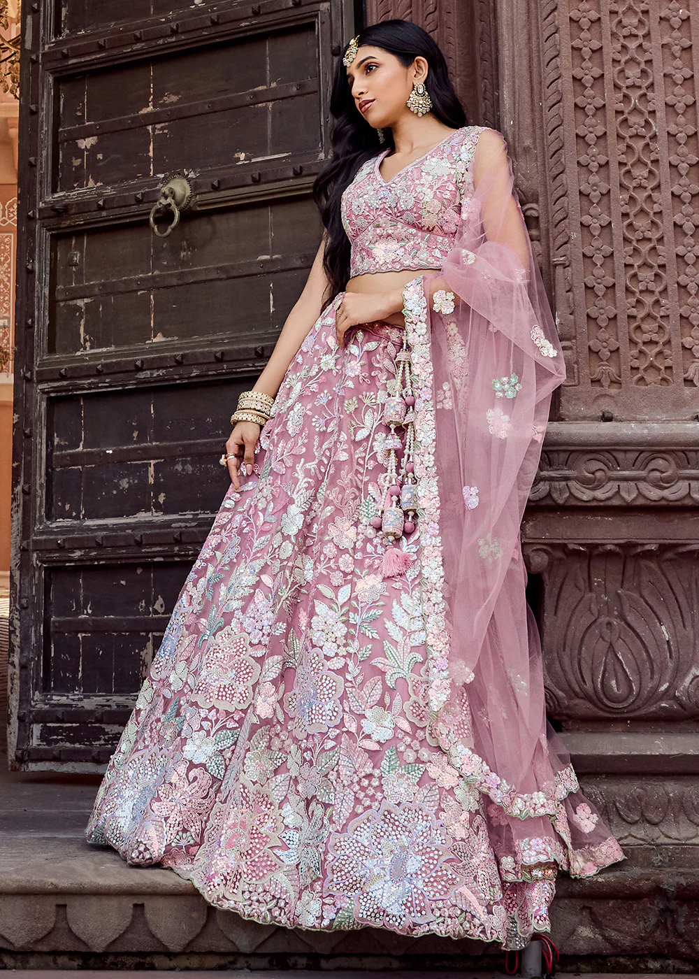 Net Embroidered Pink Wedding Party Lehenga Choli - Image 7