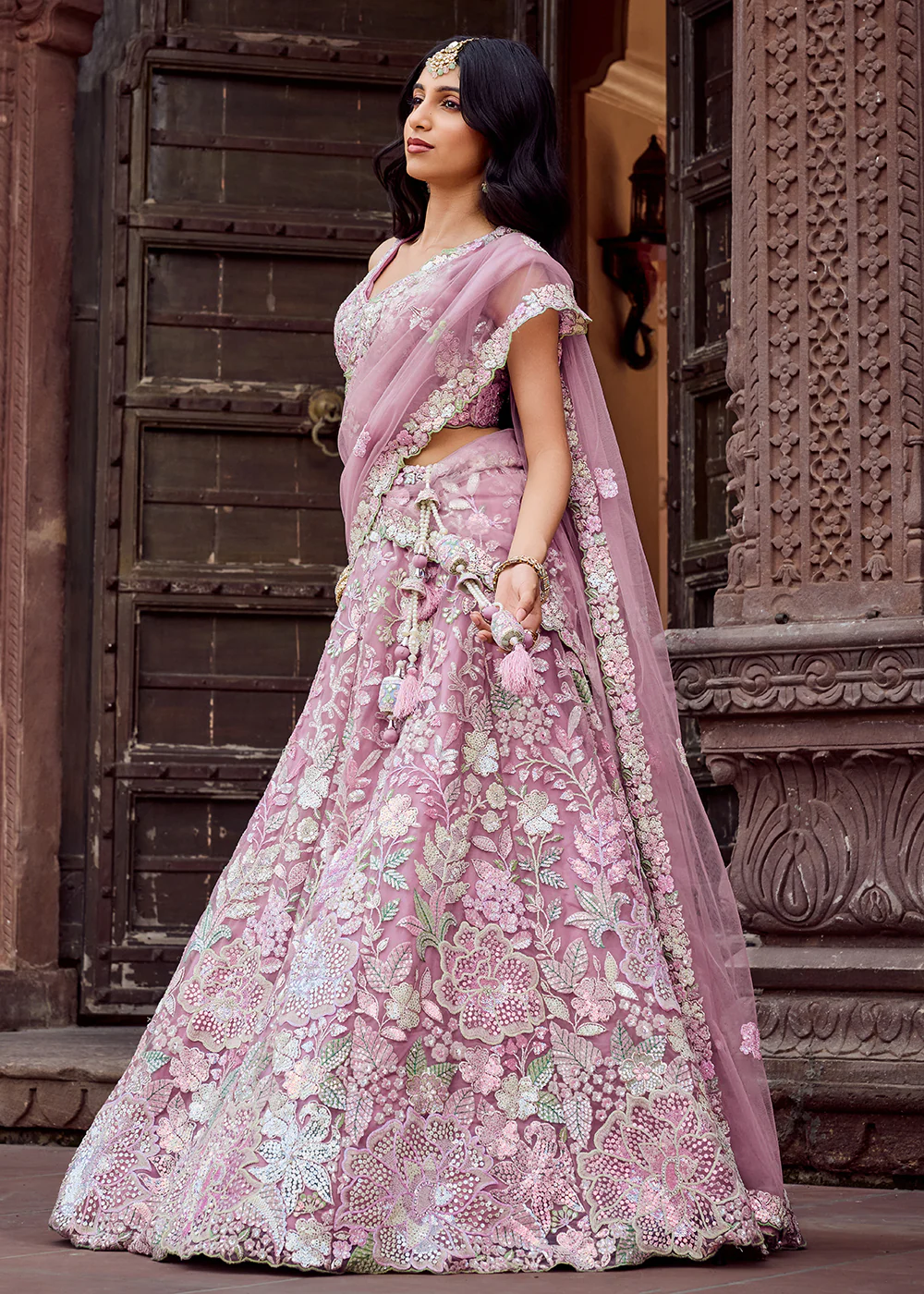Net Embroidered Pink Wedding Party Lehenga Choli - Image 8