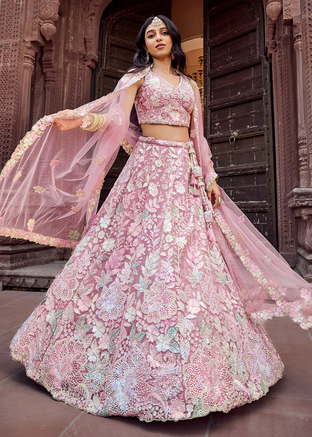 Net Embroidered Pink Wedding Party Lehenga Choli - Image 9