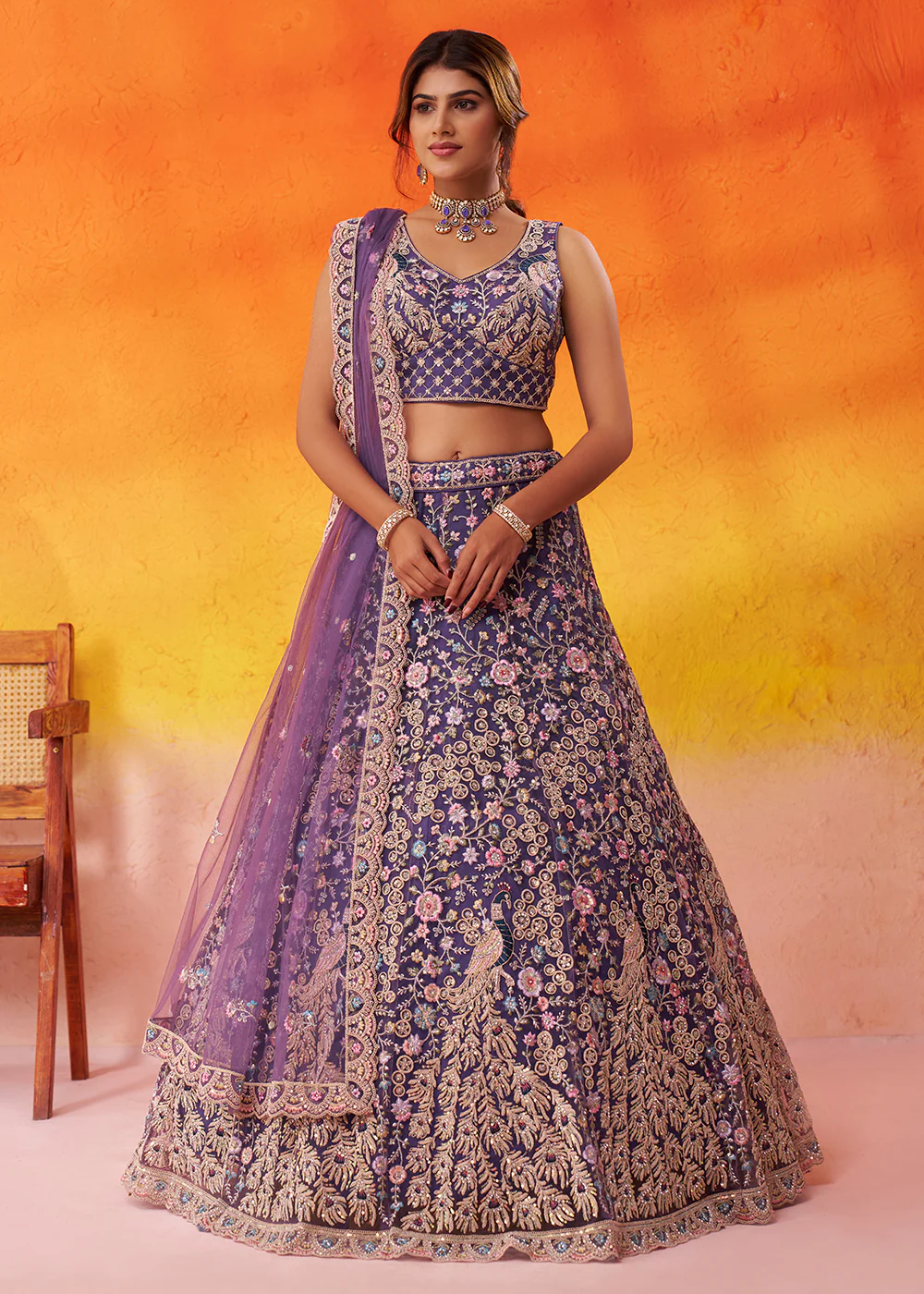 Net Embroidered Purple Wedding Festive Lehenga Choli