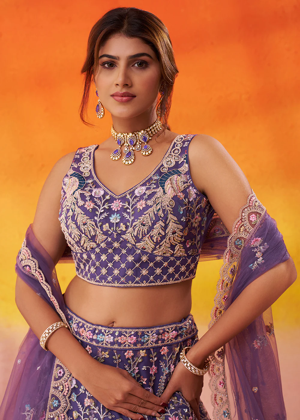 Net Embroidered Purple Wedding Festive Lehenga Choli - Image 2