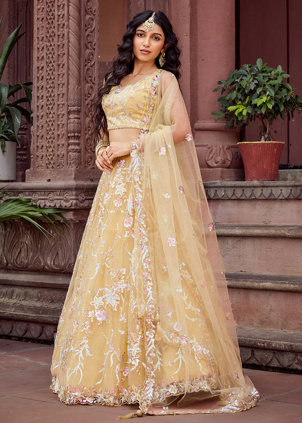 Net Embroidered Yellow Festive Style Lehenga Choli