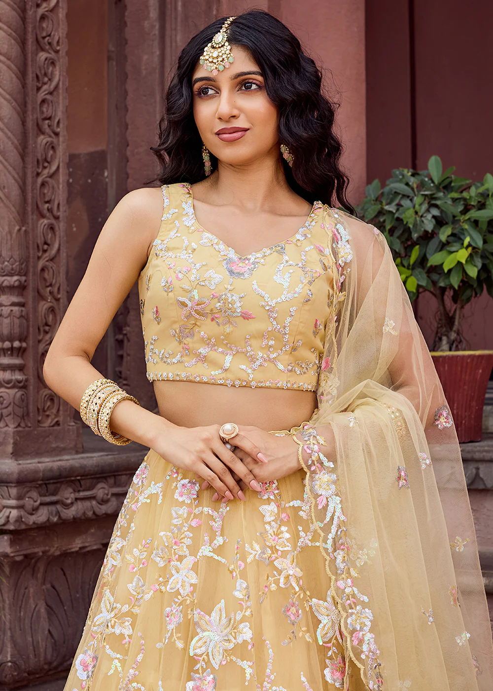 Net Embroidered Yellow Festive Style Lehenga Choli - Image 2