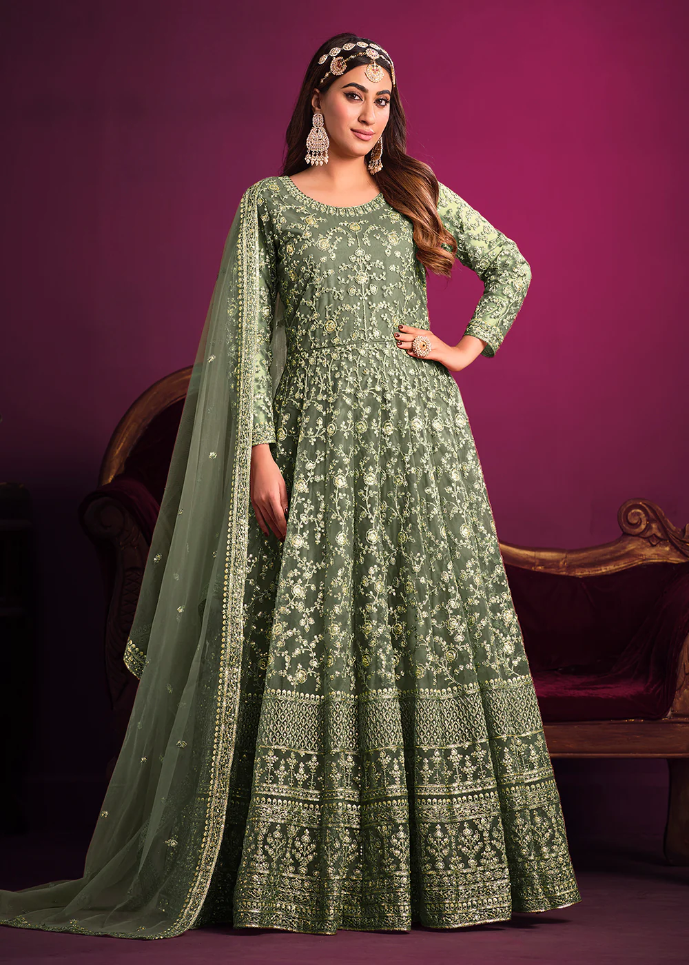 Net Engaging Green Floor Length Ceremonial Anarkali Suit