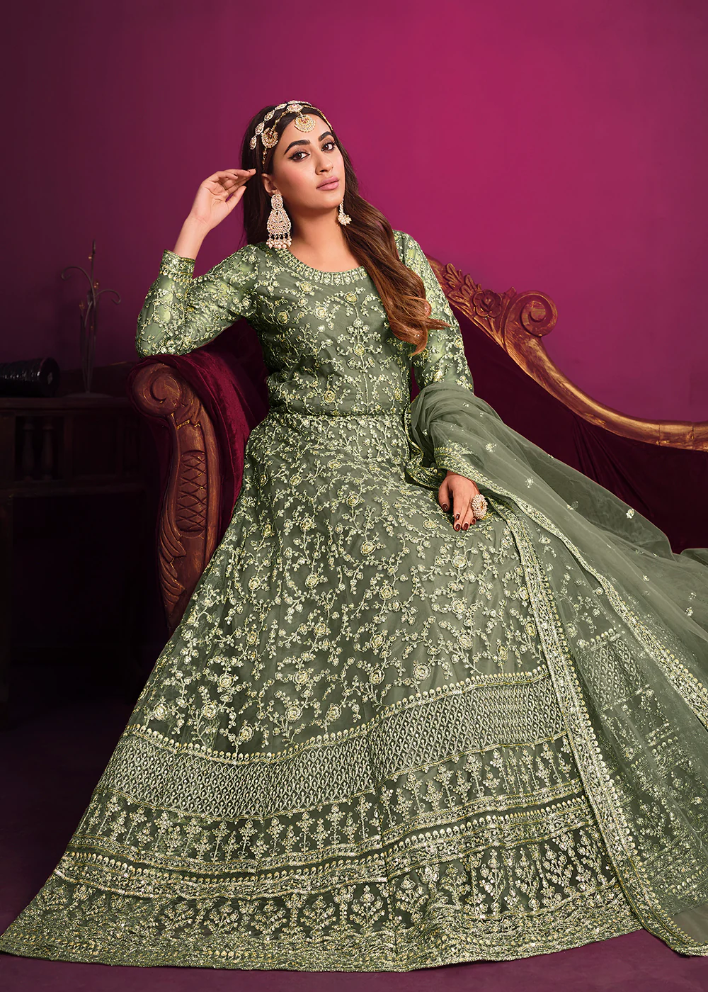 Net Engaging Green Floor Length Ceremonial Anarkali Suit - Image 2