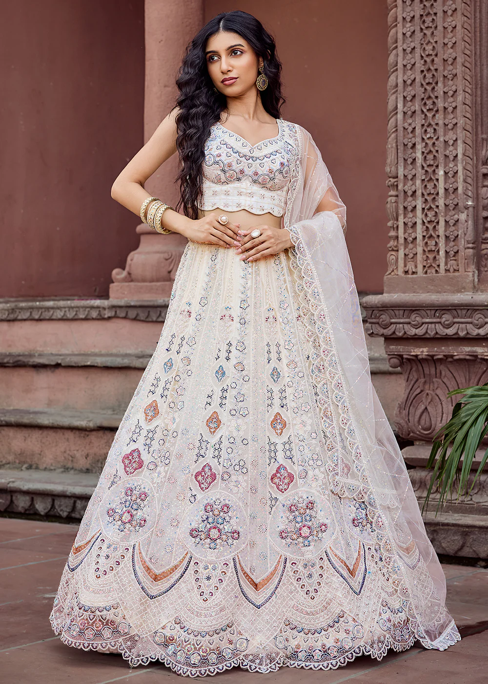 Net Fabric Sequins Work Cream Wedding Lehenga Choli