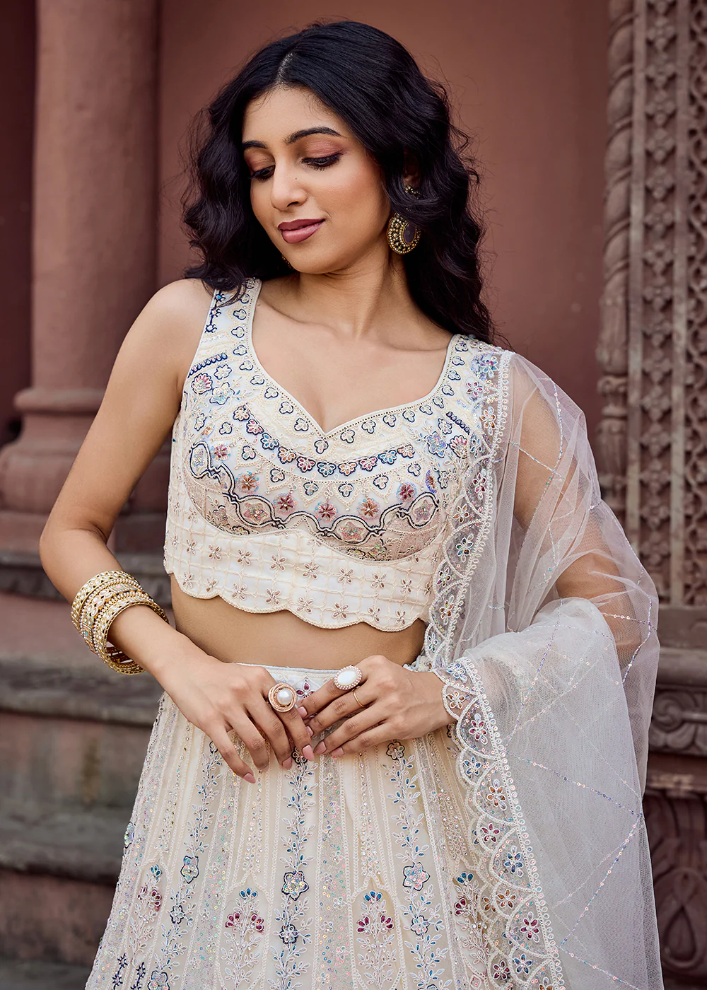 Net Fabric Sequins Work Cream Wedding Lehenga Choli - Image 2