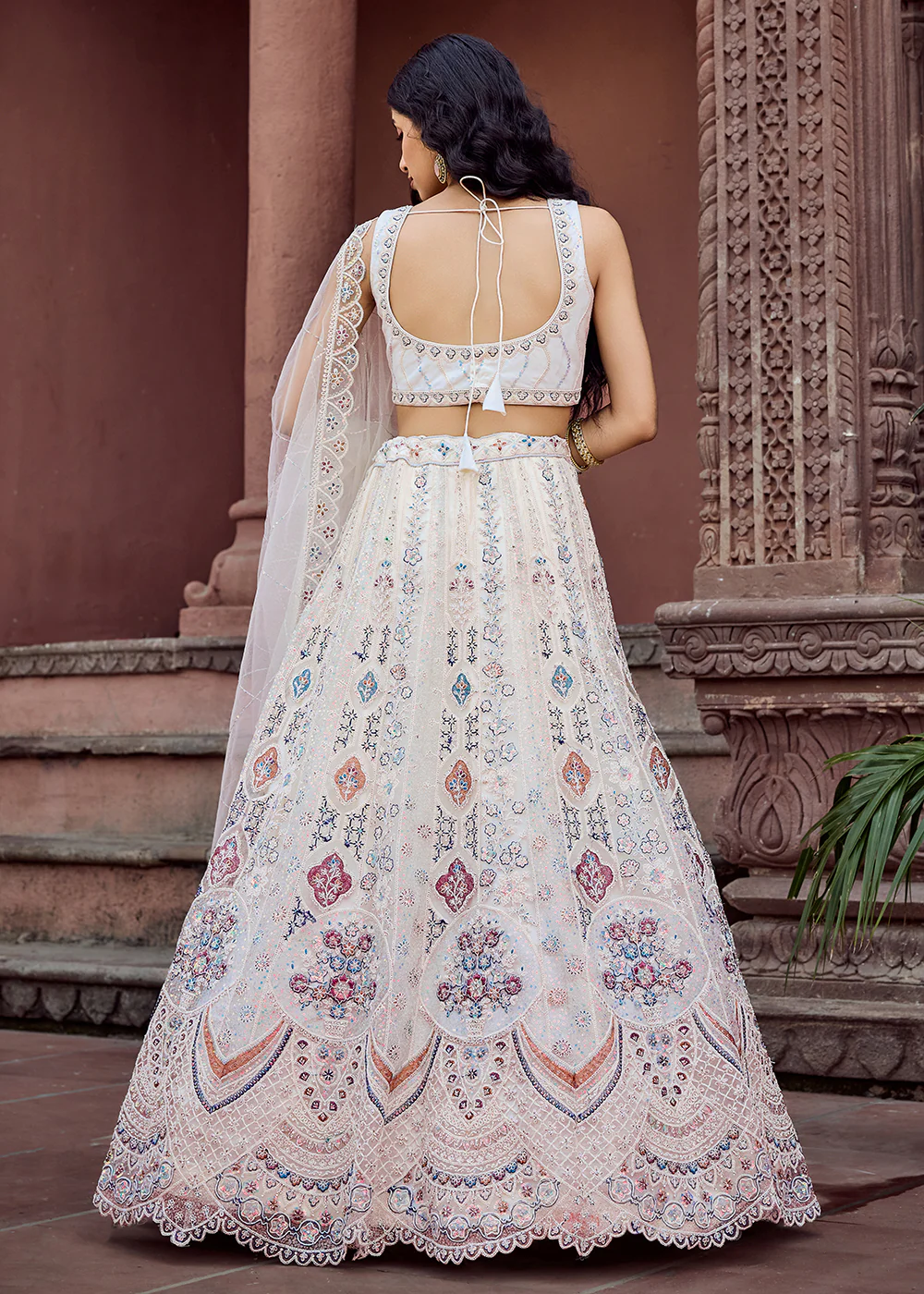 Net Fabric Sequins Work Cream Wedding Lehenga Choli - Image 3