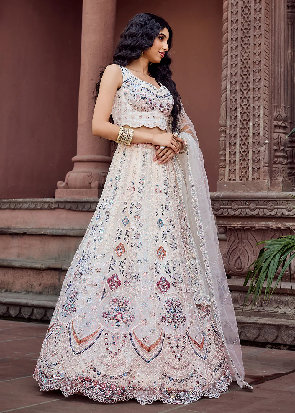 Net Fabric Sequins Work Cream Wedding Lehenga Choli - Image 4