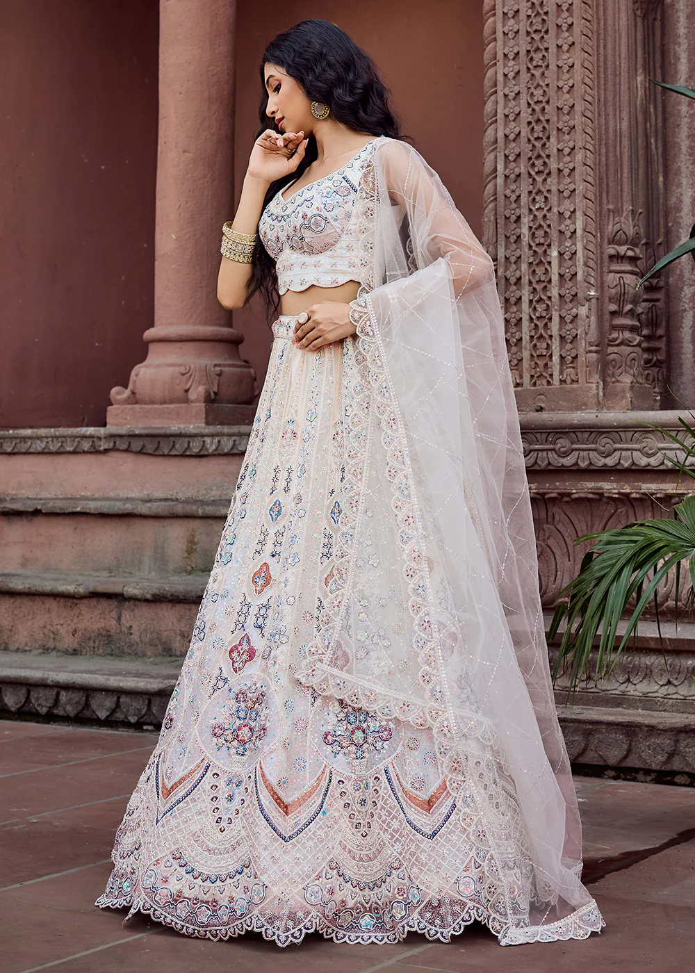 Net Fabric Sequins Work Cream Wedding Lehenga Choli - Image 5