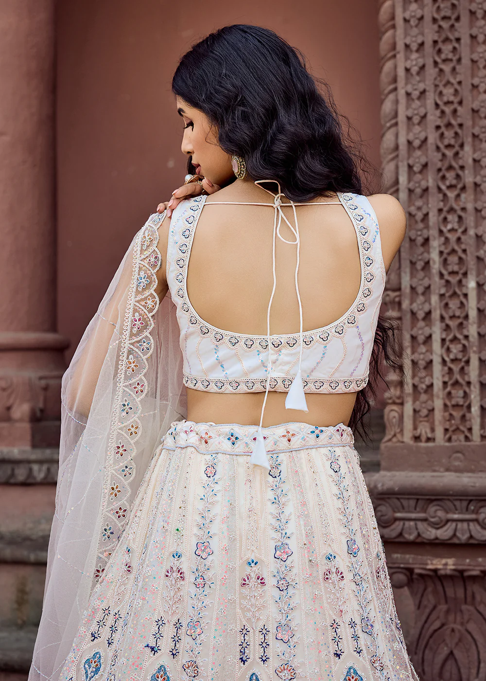 Net Fabric Sequins Work Cream Wedding Lehenga Choli - Image 6