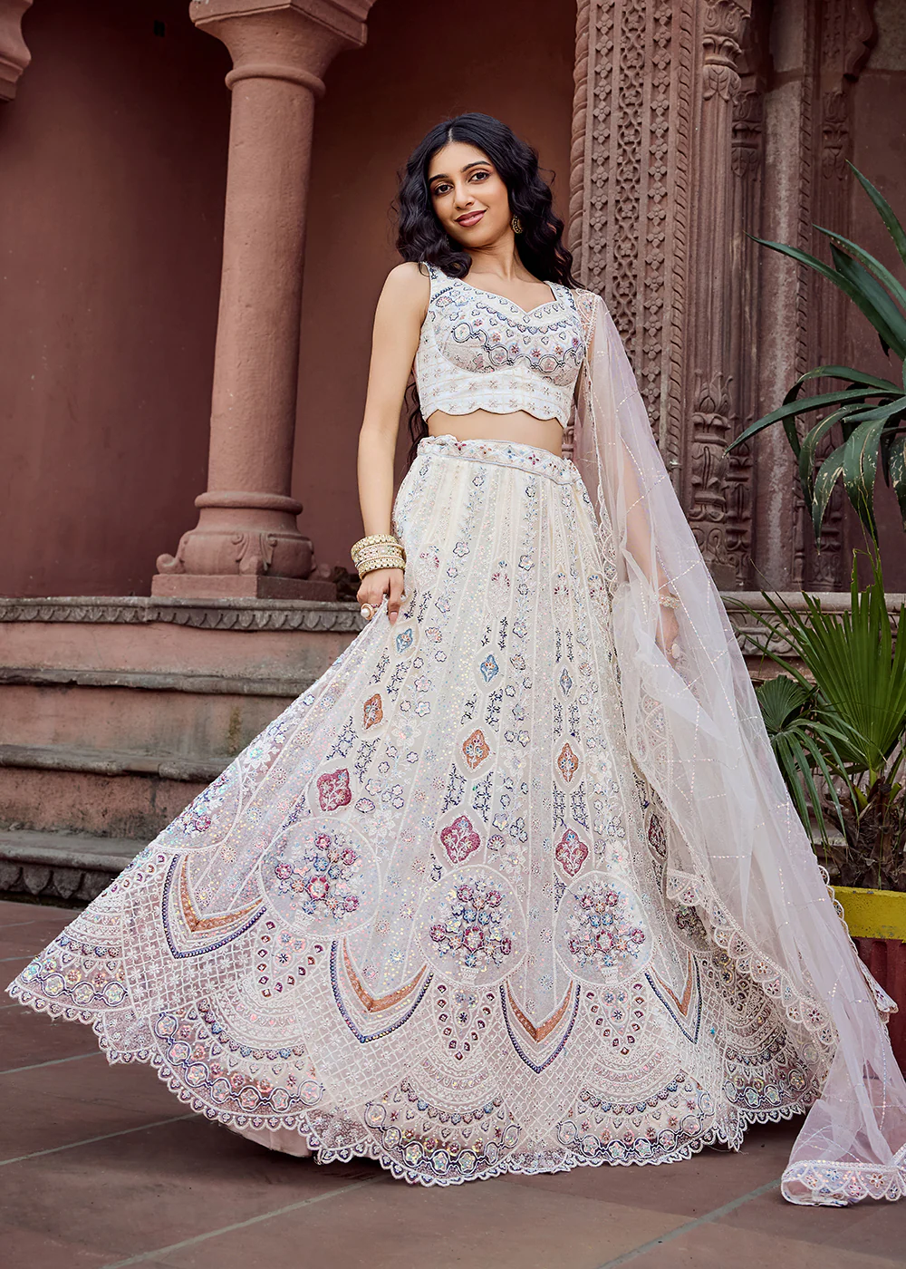 Net Fabric Sequins Work Cream Wedding Lehenga Choli - Image 7