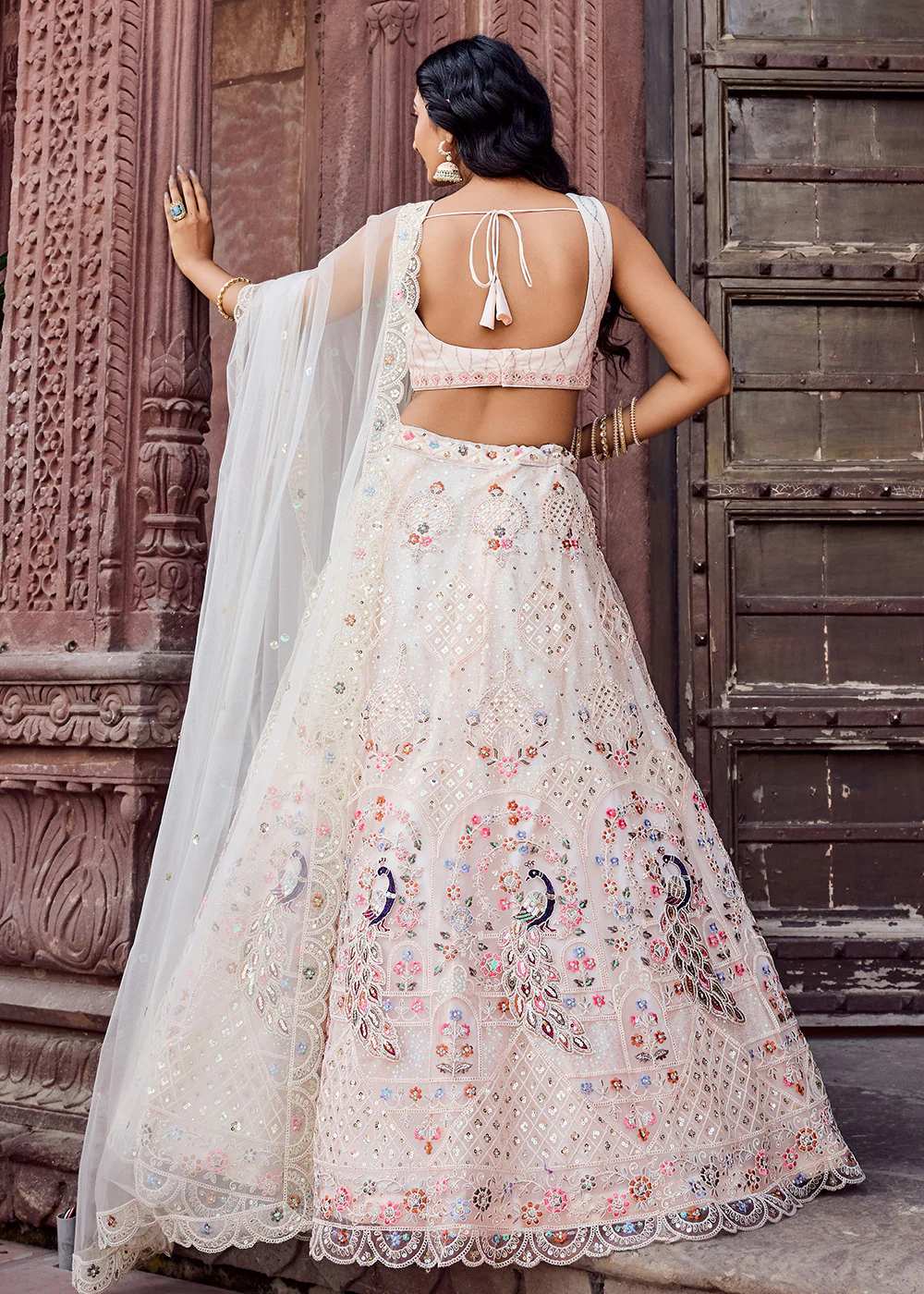 Net Fabric Stone Work Cream Wedding Lehenga Choli - Image 3