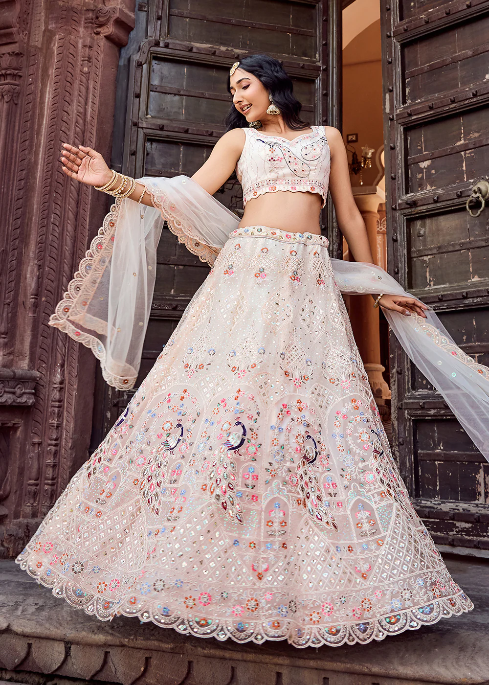 Net Fabric Stone Work Cream Wedding Lehenga Choli - Image 4
