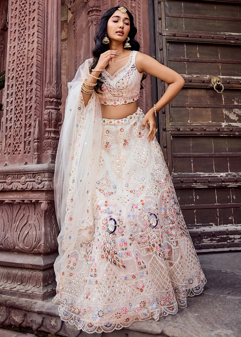 Net Fabric Stone Work Cream Wedding Lehenga Choli - Image 5