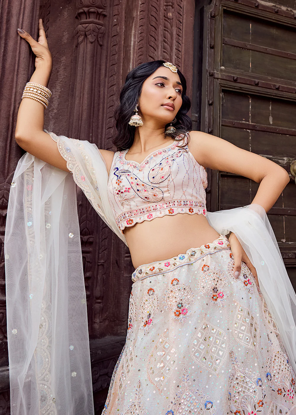Net Fabric Stone Work Cream Wedding Lehenga Choli - Image 6