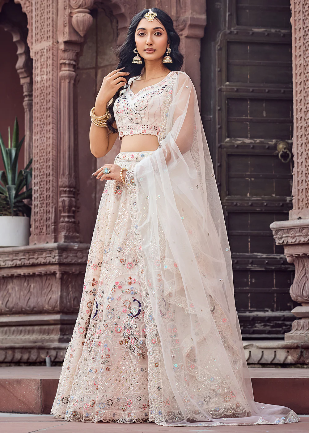 Net Fabric Stone Work Cream Wedding Lehenga Choli - Image 7