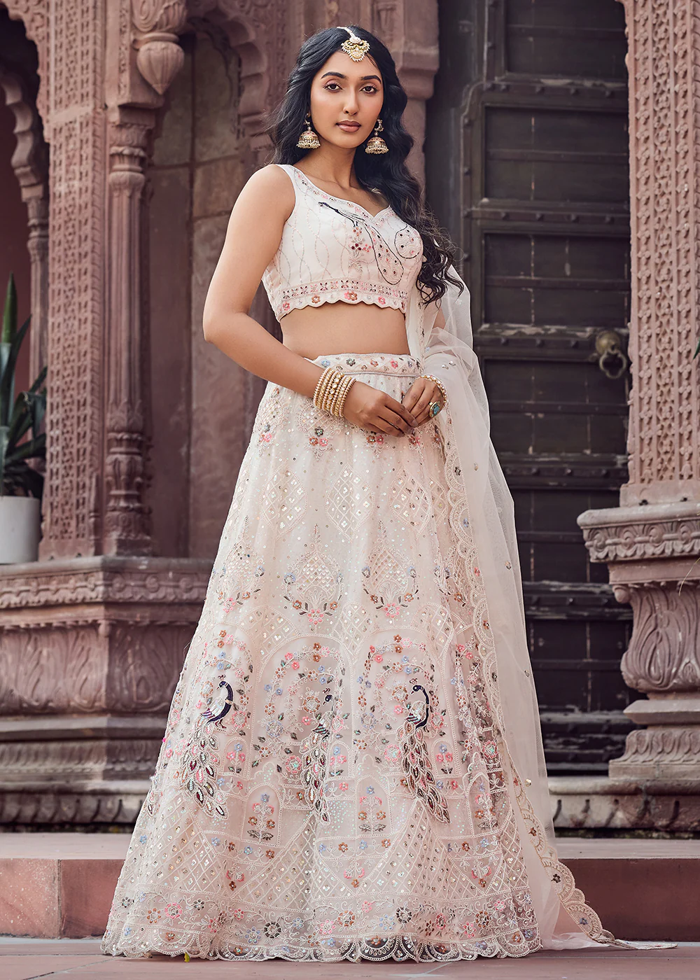 Net Fabric Stone Work Cream Wedding Lehenga Choli - Image 8