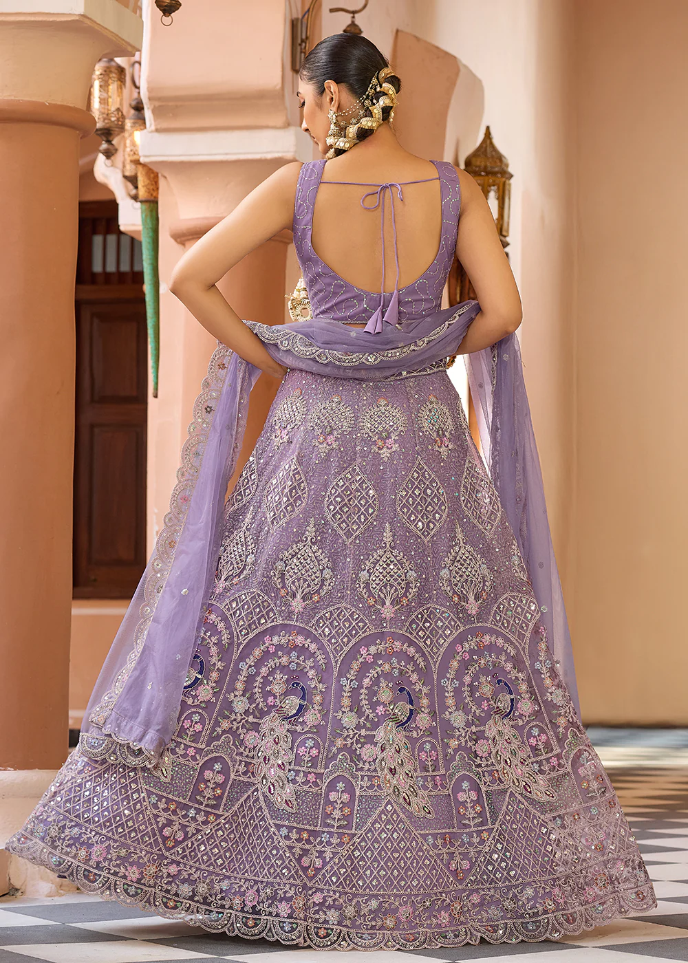 Net Fabric Stone Work Mauve Wedding Lehenga Choli - Image 3