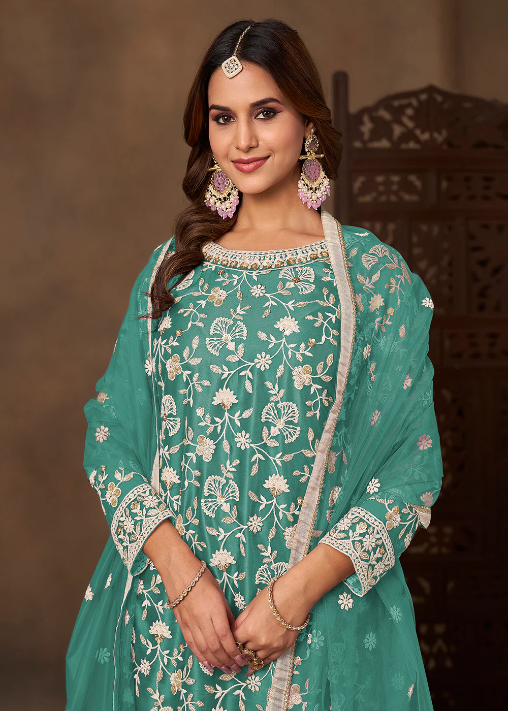 Net Green Wedding Embroidered Gharara Sytle Suit - Image 2