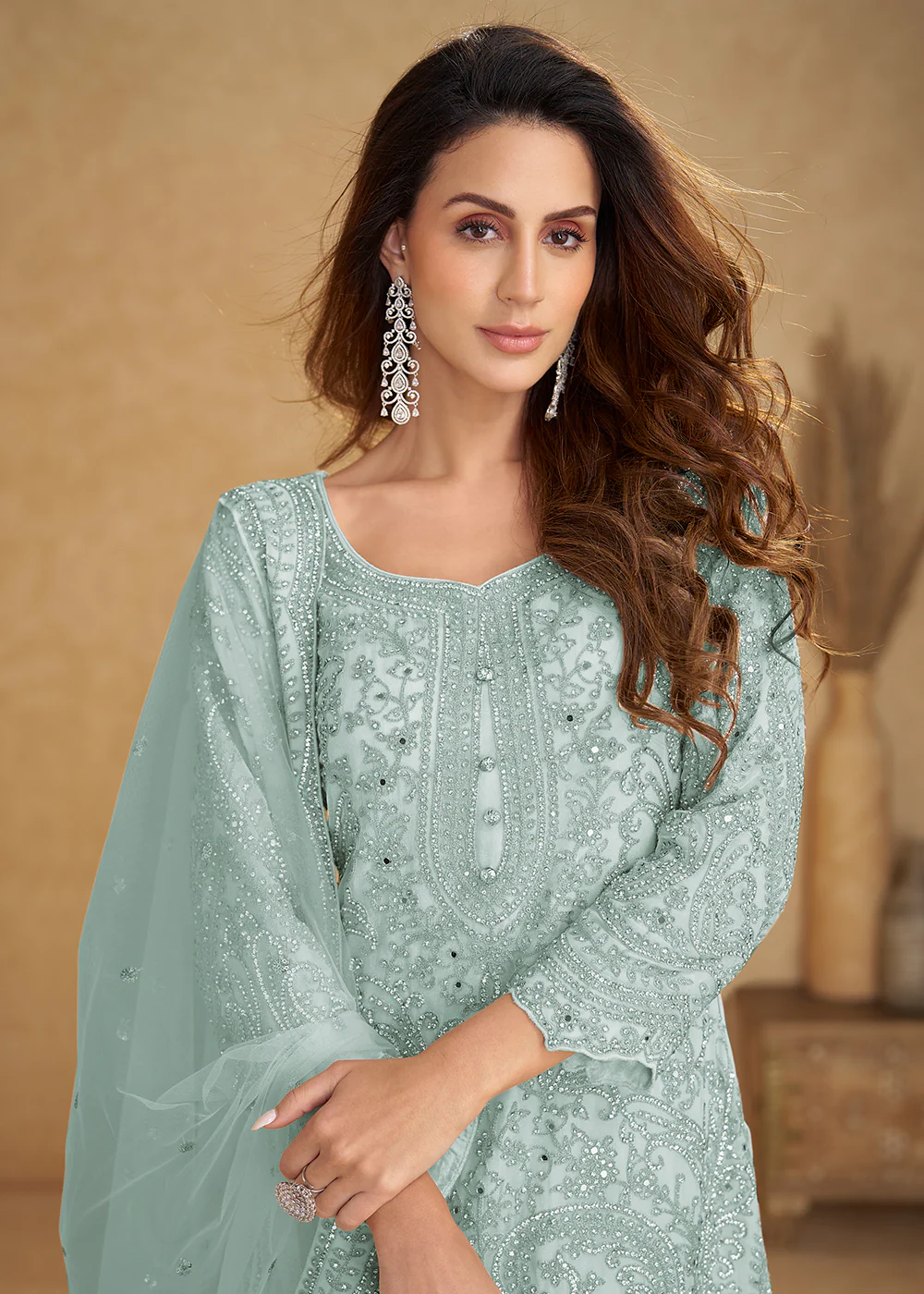 Net Ice Blue Embroidered Eid Wear Palazzo Suit - Image 2