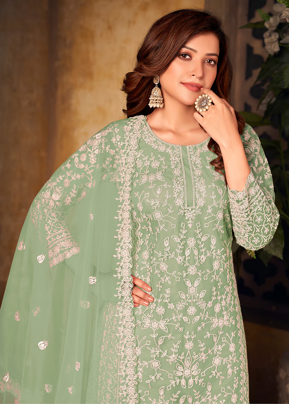 Net Mint Green Ceremonial Embroidered Palazzo Suit - Image 2