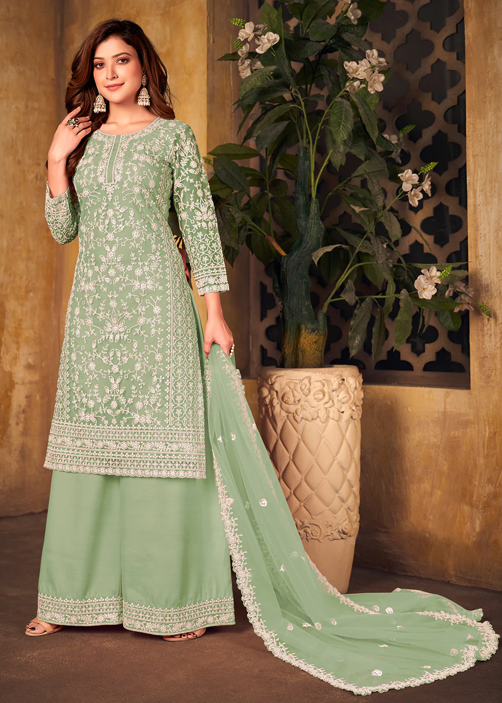 Net Mint Green Ceremonial Embroidered Palazzo Suit - Image 3