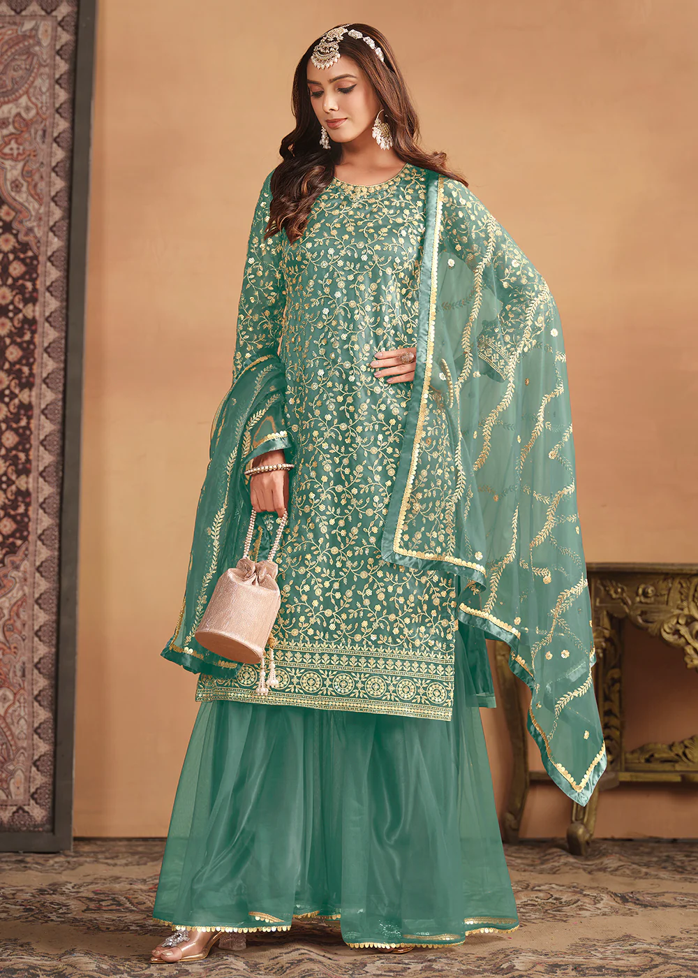Net Mint Green Embroidered Festive Gharara Style Suit - Image 3