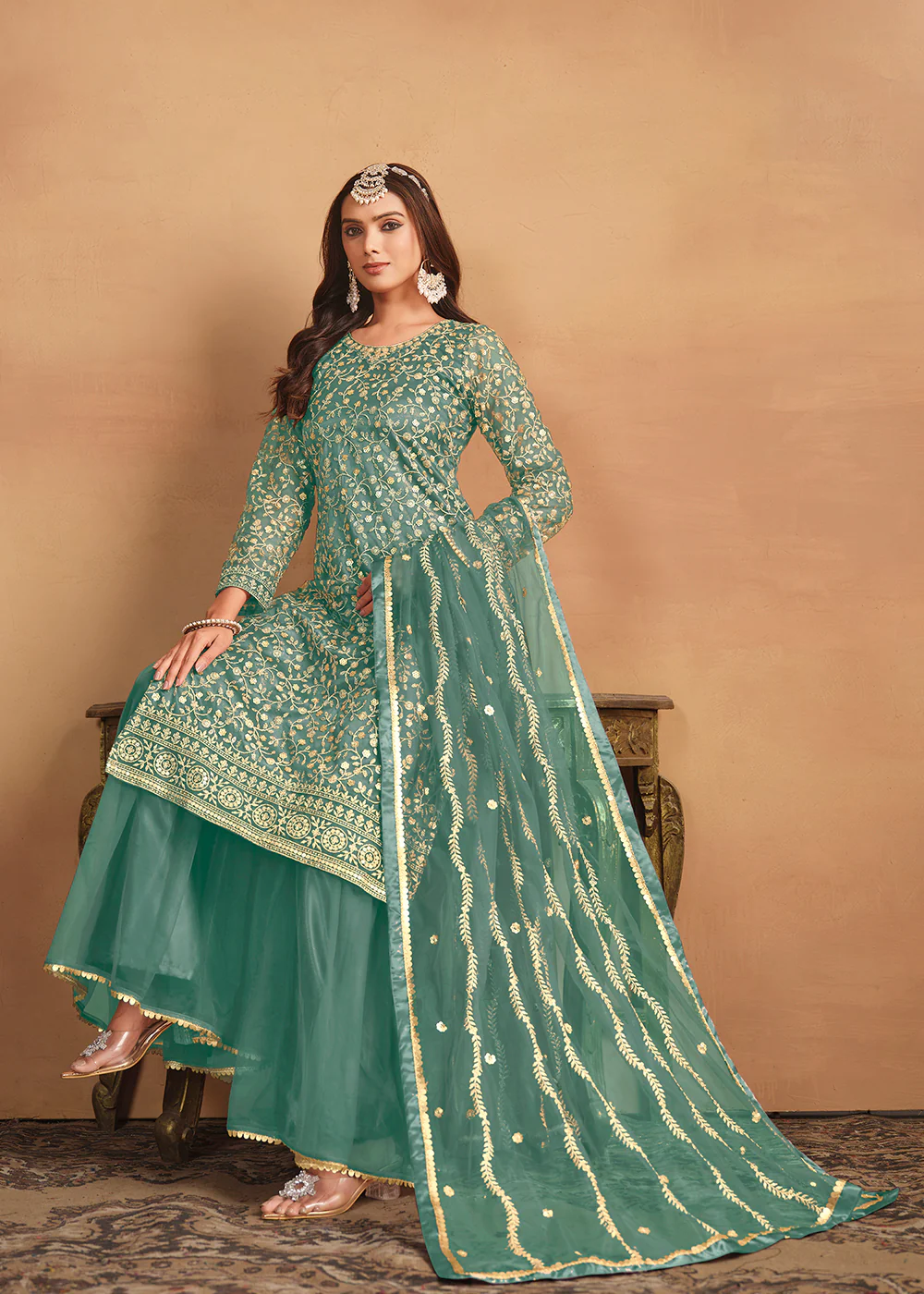 Net Mint Green Embroidered Festive Gharara Style Suit - Image 4