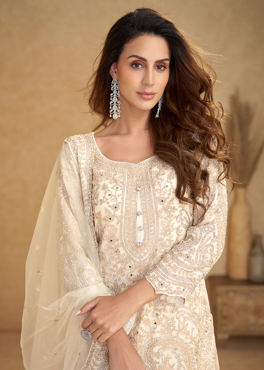 Net Off White Embroidered Eid Wear Palazzo Suit - Image 2