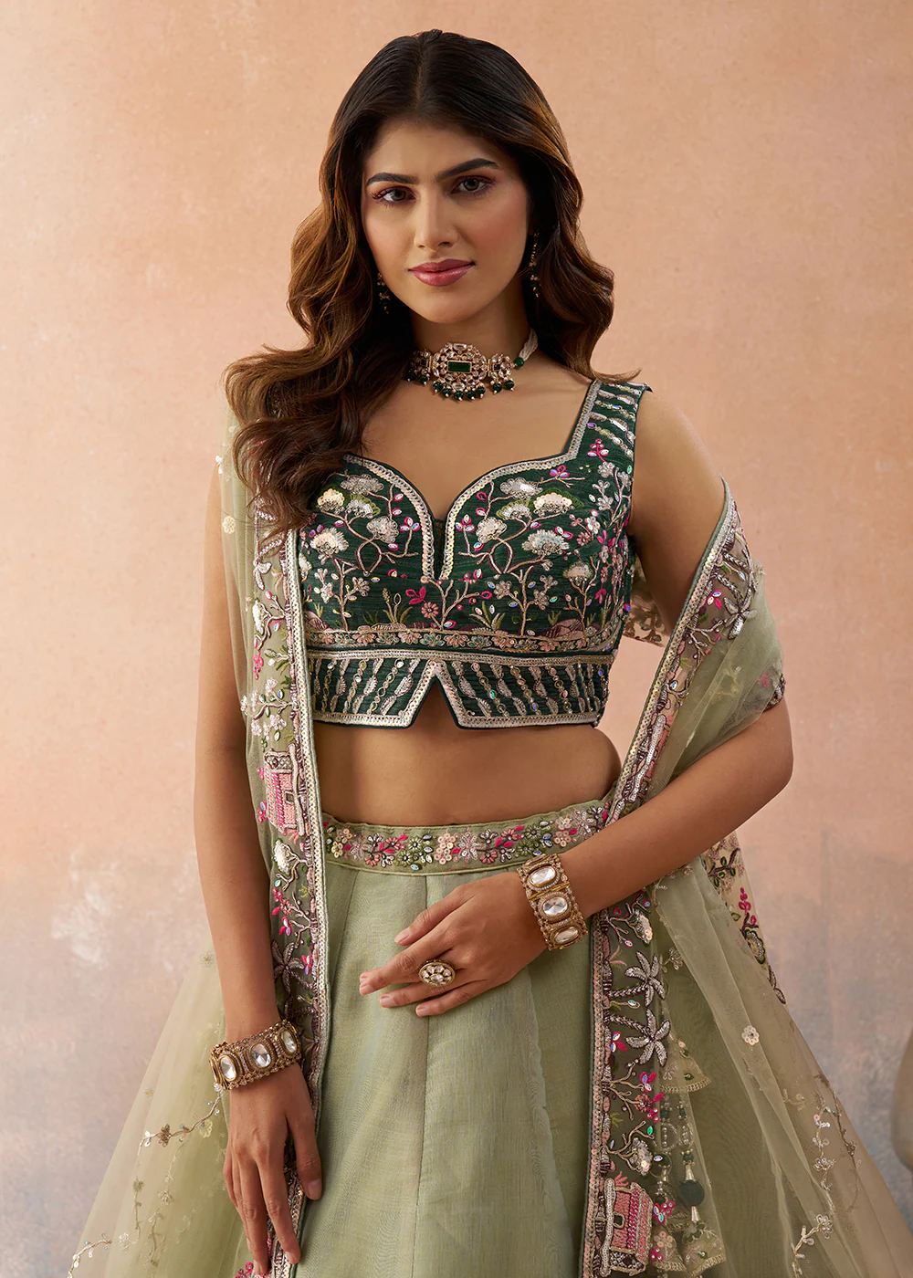 Net Ombre Green & Lime Festive Wear Lehenga Choli - Image 2