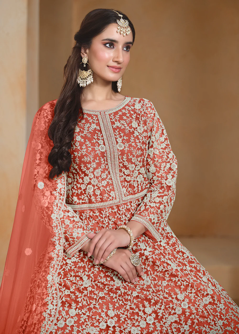 Net Orange Embroidered Festive Style Anarkali Suit - Image 2