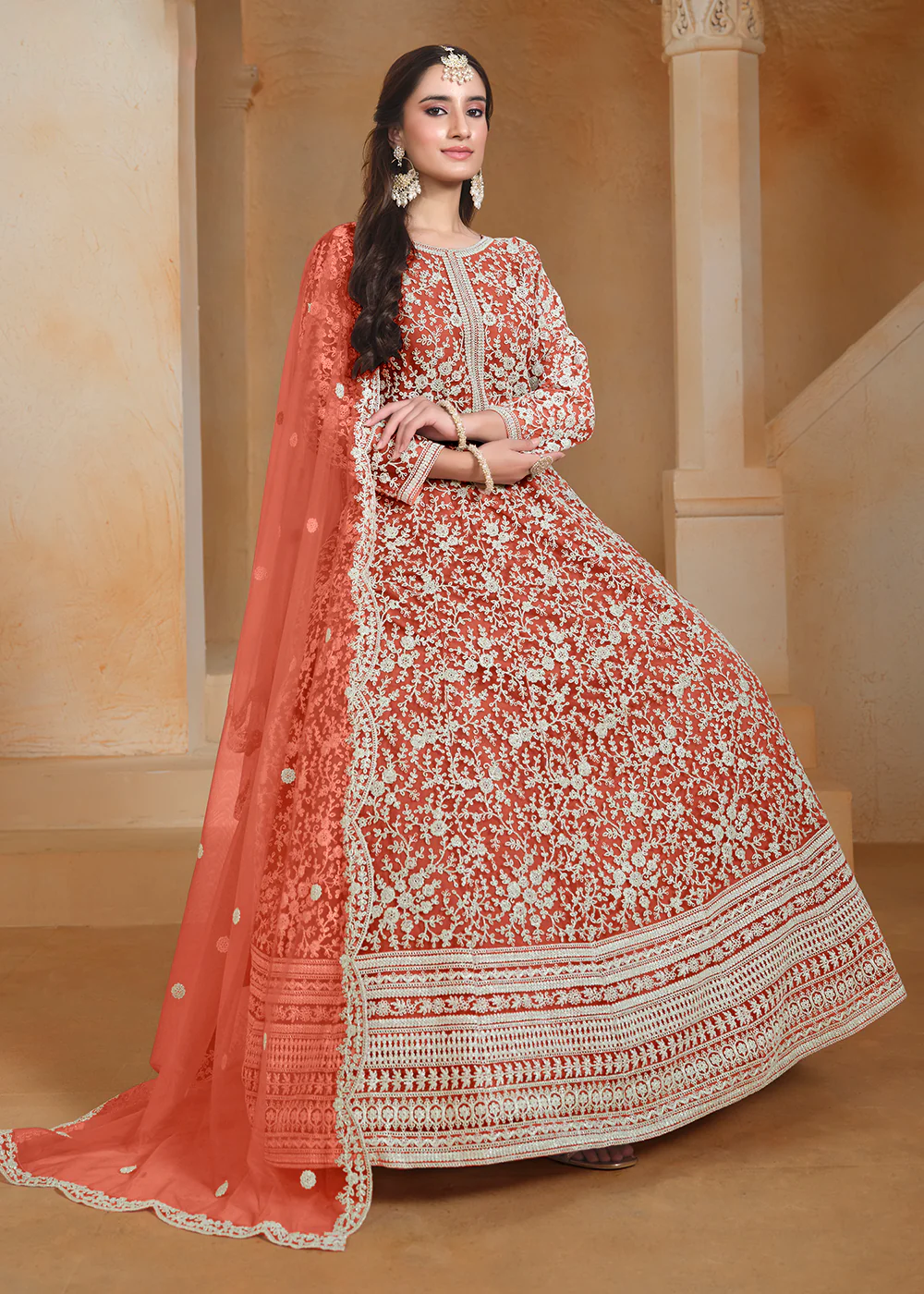 Net Orange Embroidered Festive Style Anarkali Suit - Image 4