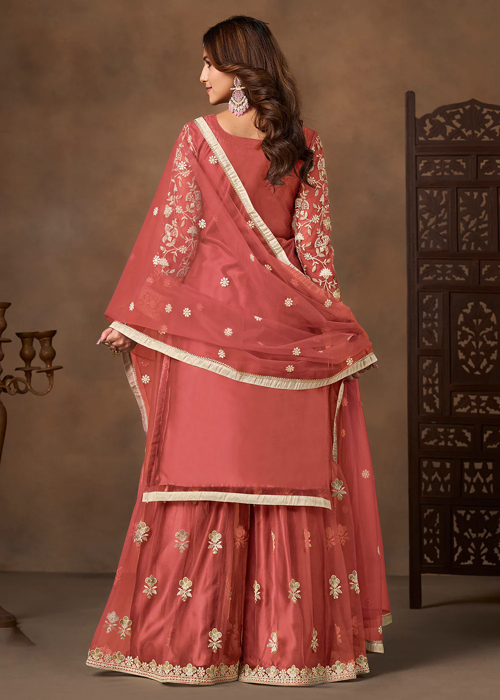 Net Peach Wedding Embroidered Gharara Sytle Suit - Image 3