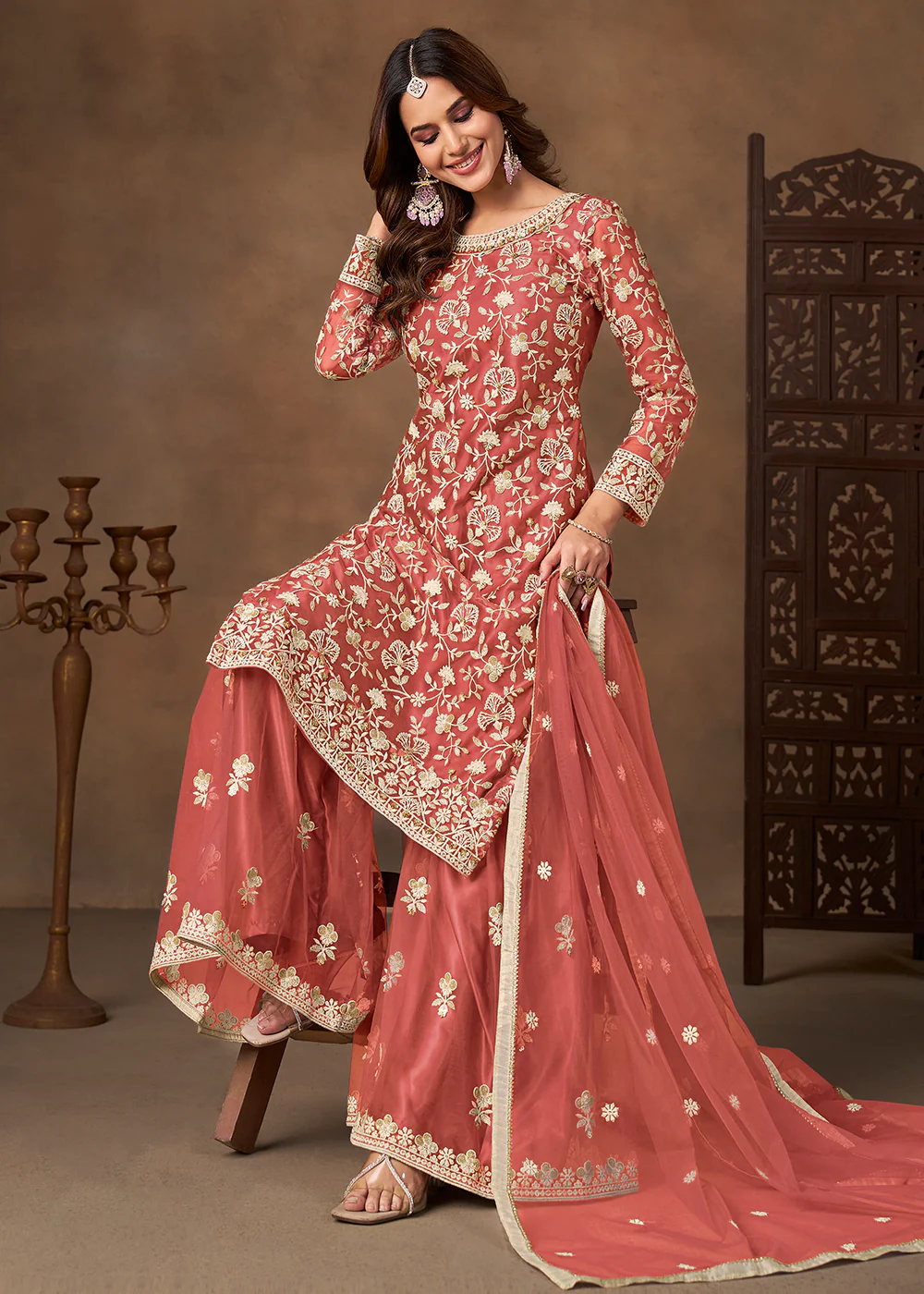Net Peach Wedding Embroidered Gharara Sytle Suit - Image 4