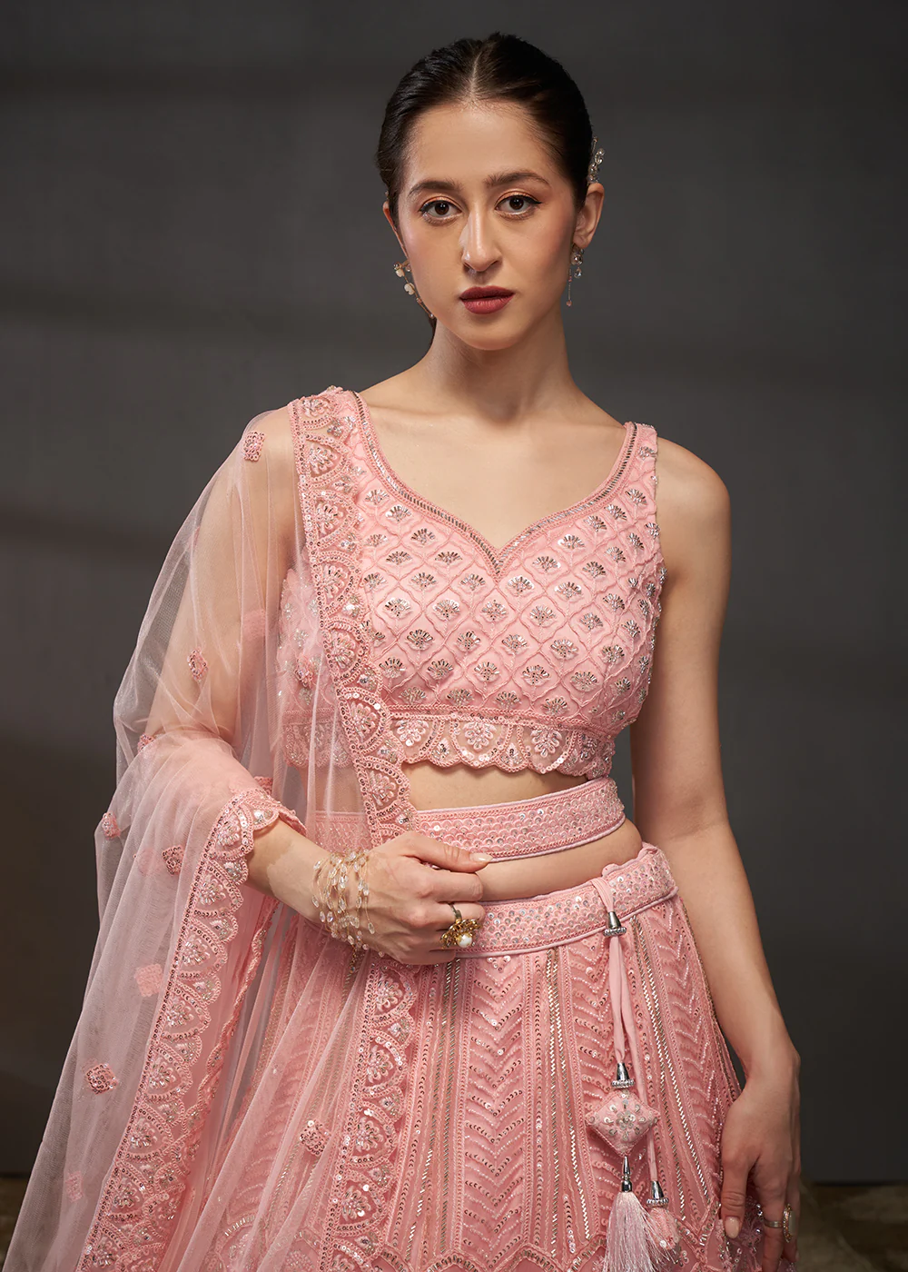 Net Pink Heavy Embroidered Designer Bridal Lehenga Choli - Image 2