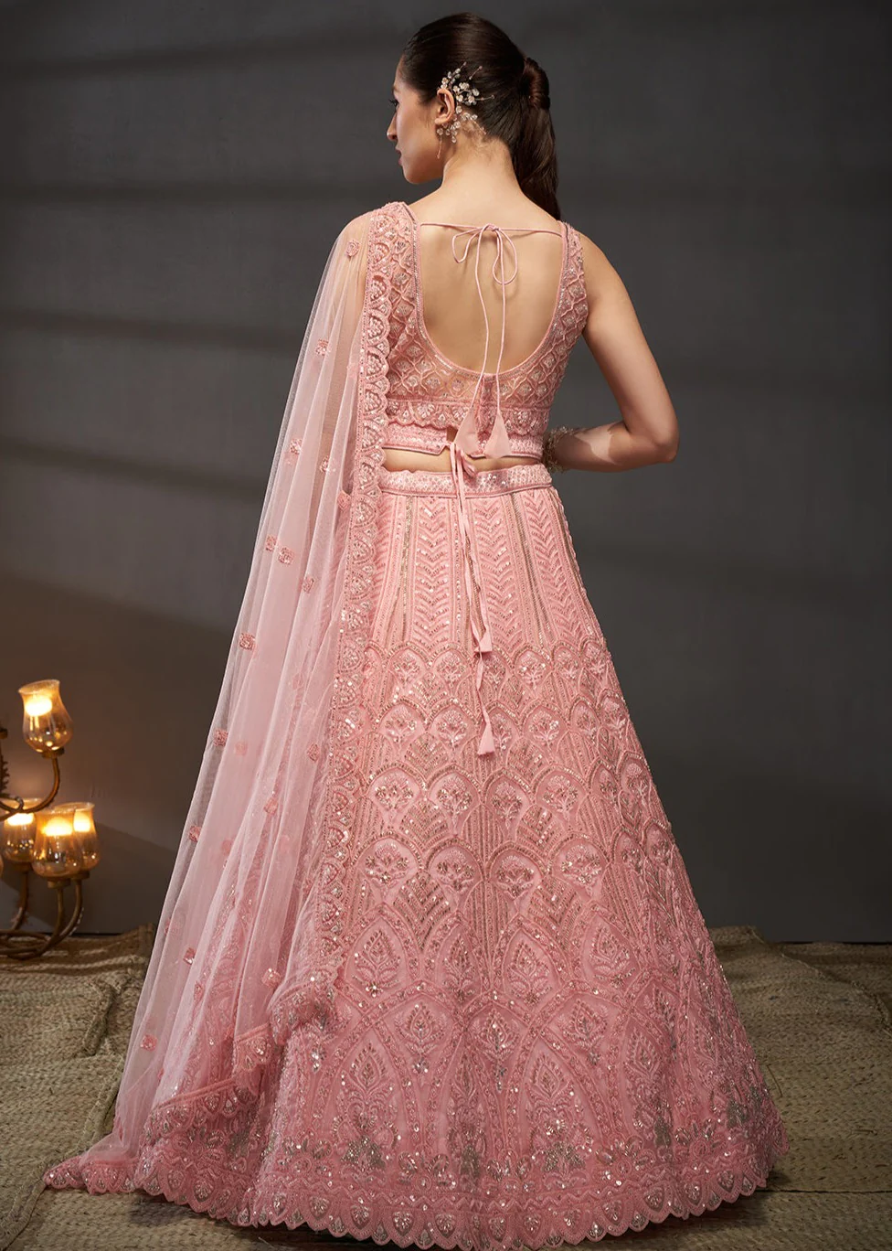 Net Pink Heavy Embroidered Designer Bridal Lehenga Choli - Image 3