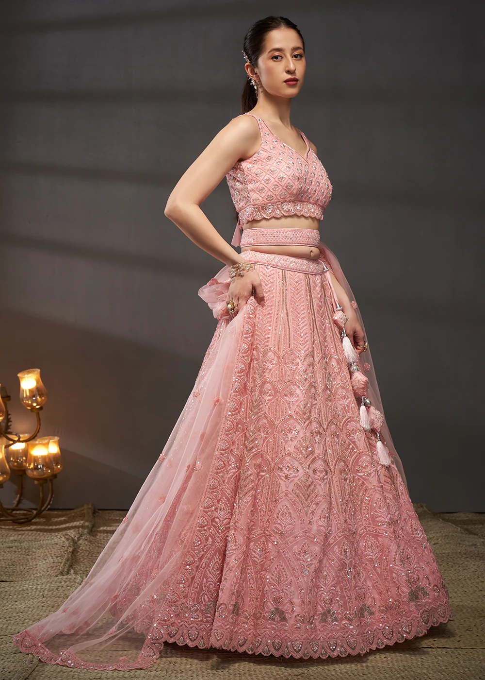 Net Pink Heavy Embroidered Designer Bridal Lehenga Choli - Image 4
