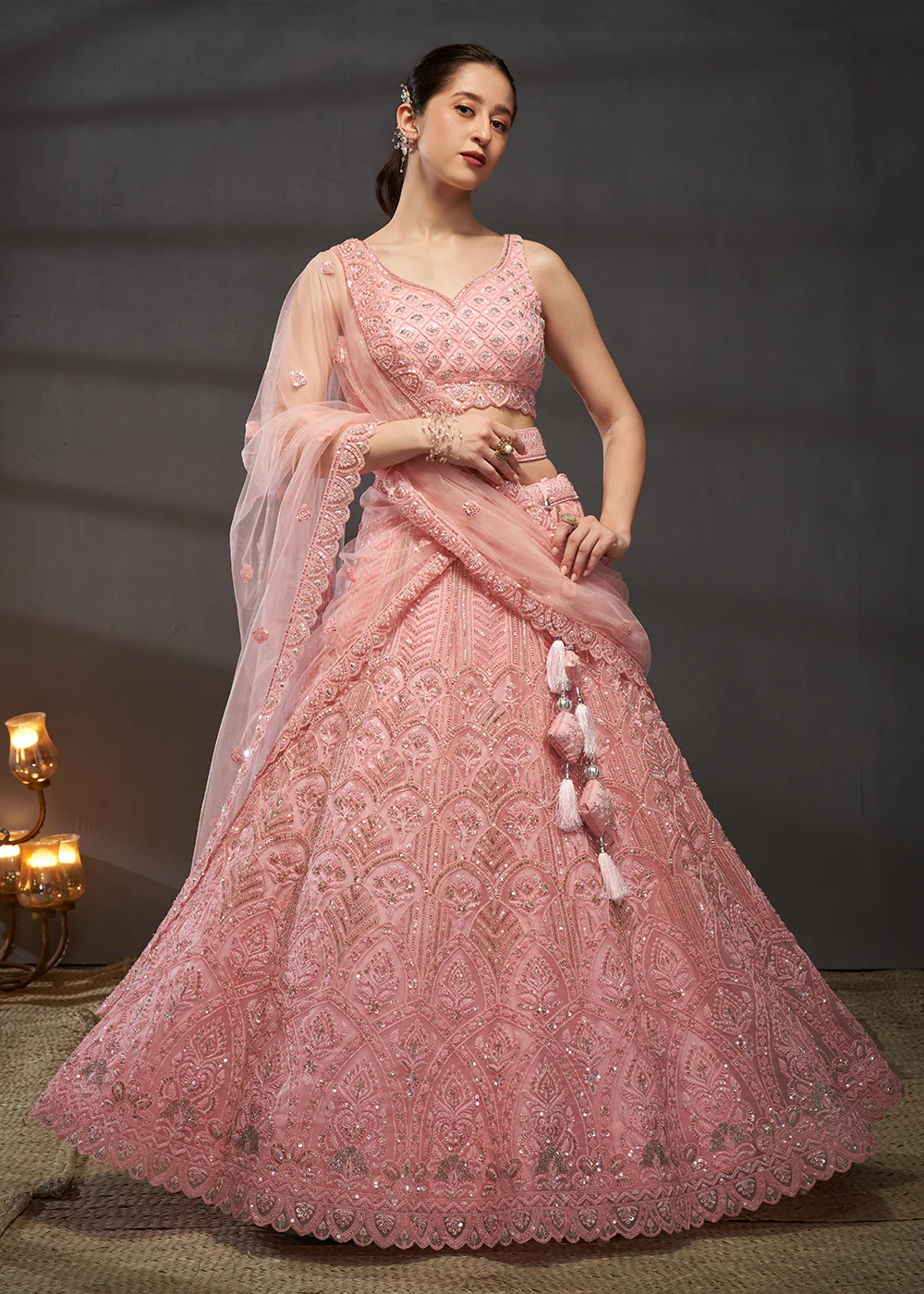 Net Pink Heavy Embroidered Designer Bridal Lehenga Choli - Image 5