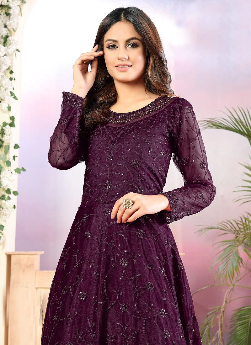 Net Plum Purple A Line Embroidered Anarkali Suit - Image 2