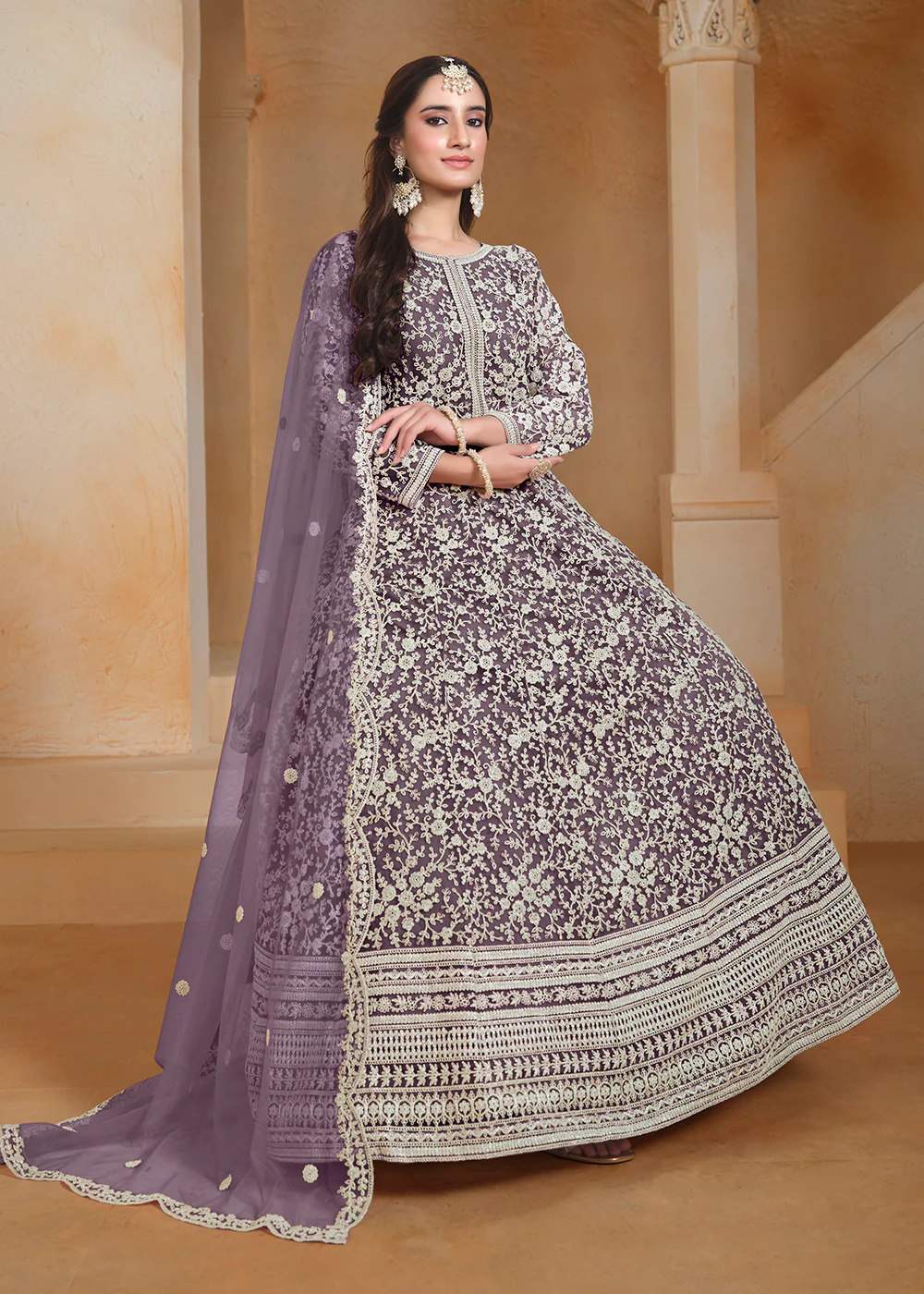 Net Purple Embroidered Festive Style Anarkali Suit - Image 4