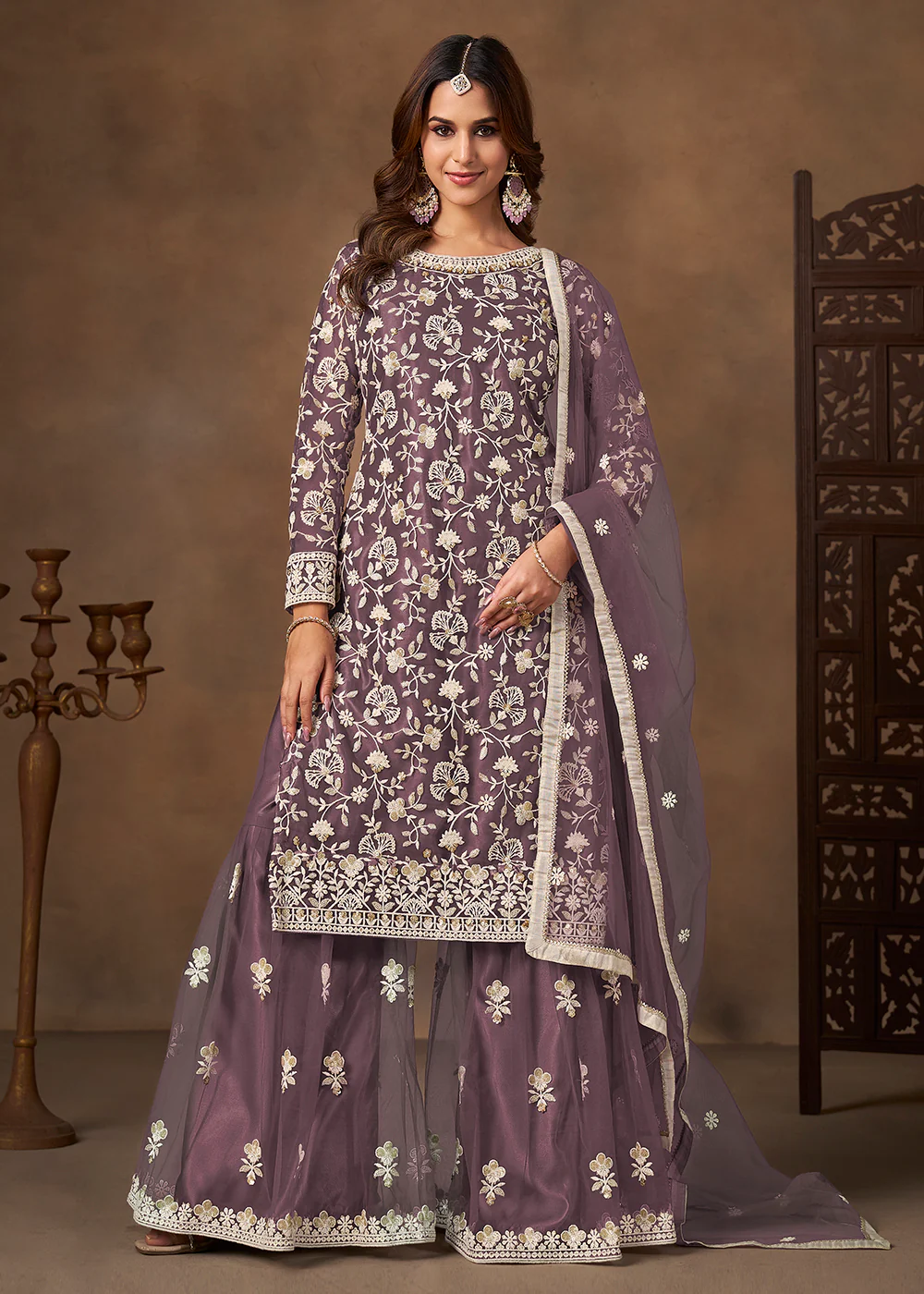 Net Purple Wedding Embroidered Gharara Sytle Suit