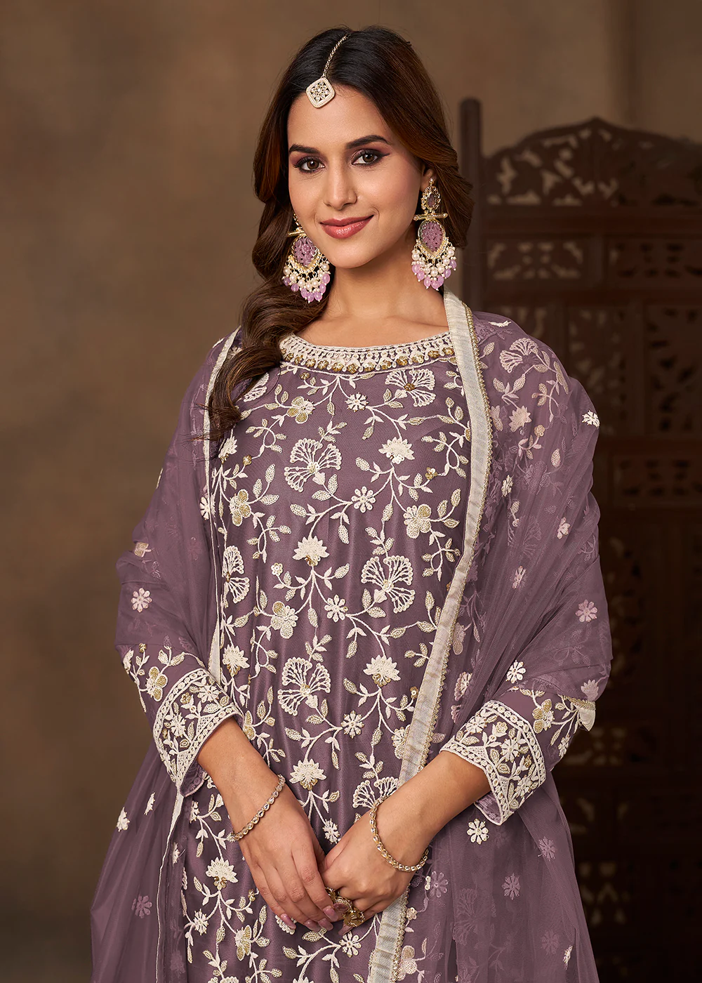 Net Purple Wedding Embroidered Gharara Sytle Suit - Image 2
