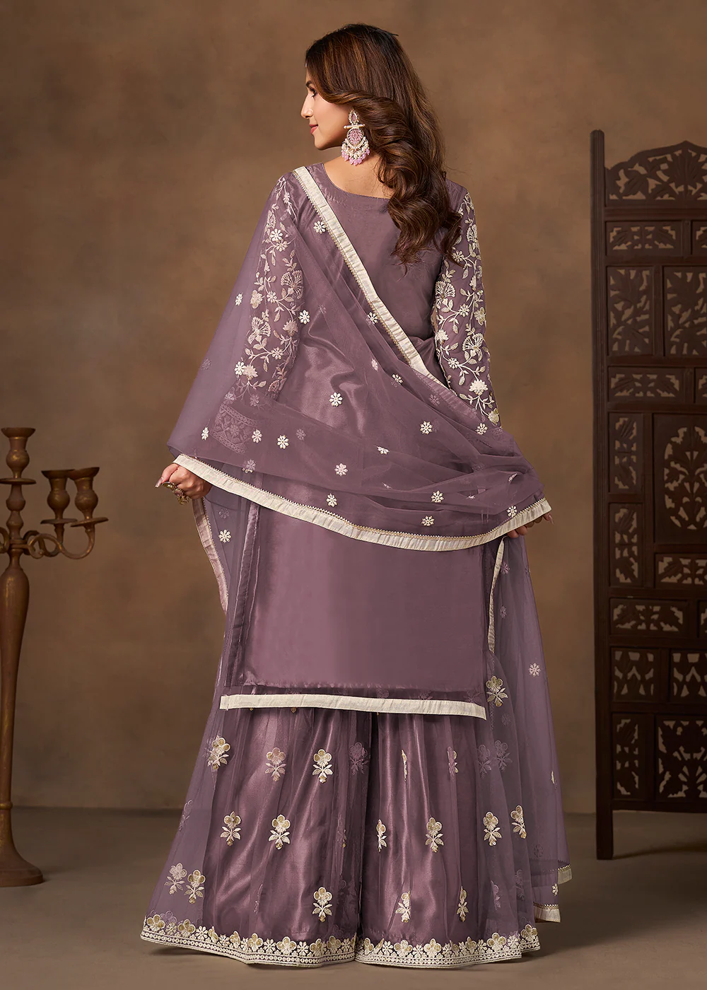 Net Purple Wedding Embroidered Gharara Sytle Suit - Image 3