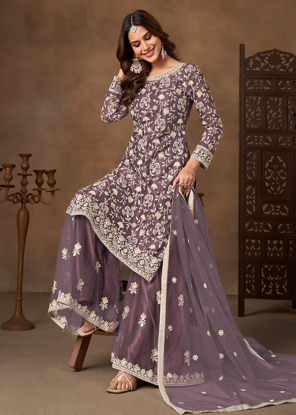 Net Purple Wedding Embroidered Gharara Sytle Suit - Image 4