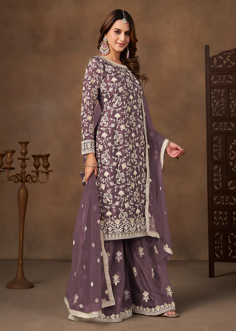 Net Purple Wedding Embroidered Gharara Sytle Suit - Image 5