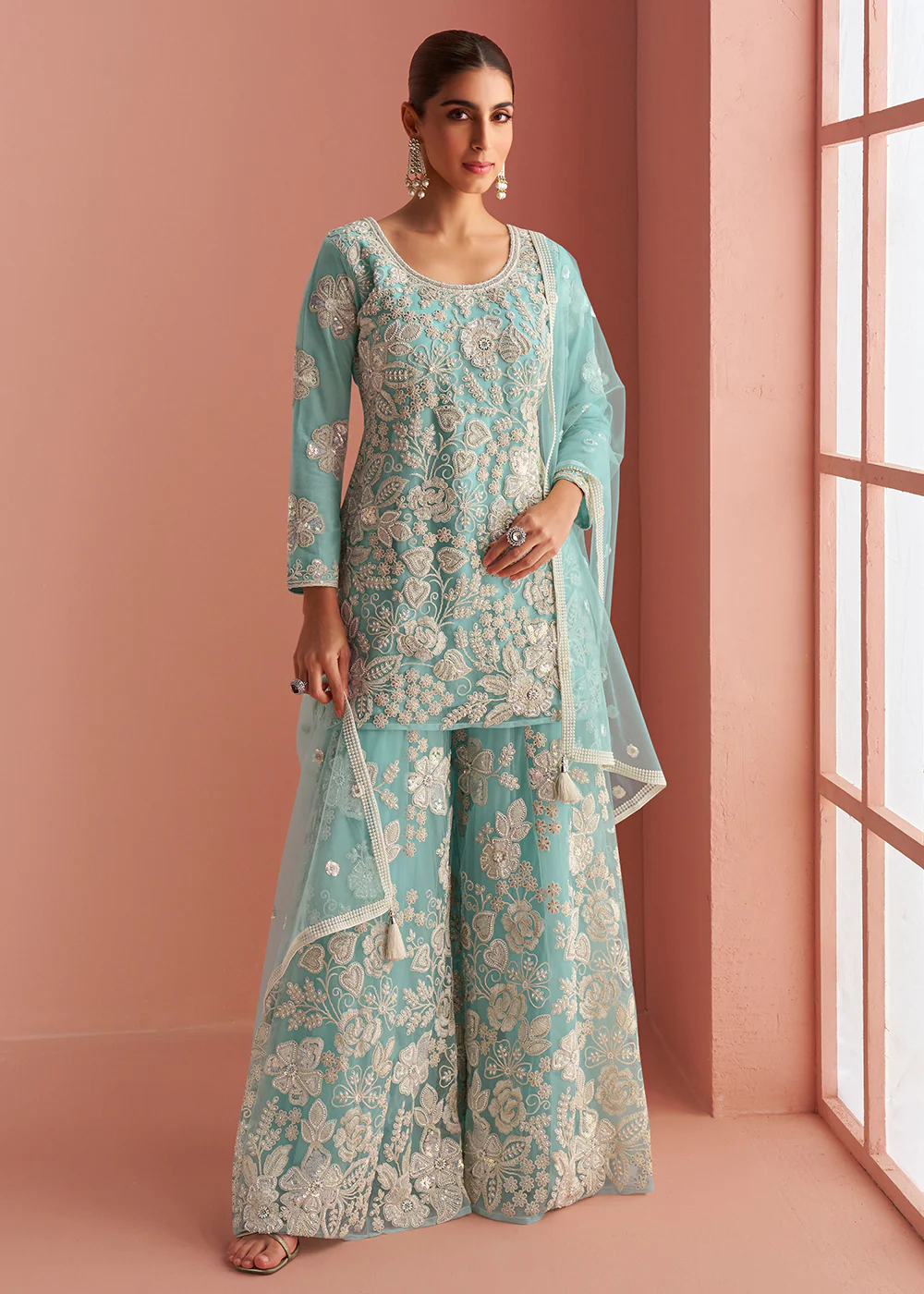 Net Sea Blue Embroidered Party Wear Palazzo Suit