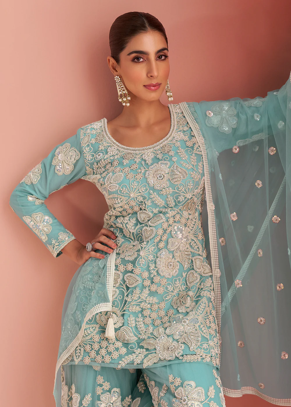 Net Sea Blue Embroidered Party Wear Palazzo Suit - Image 2