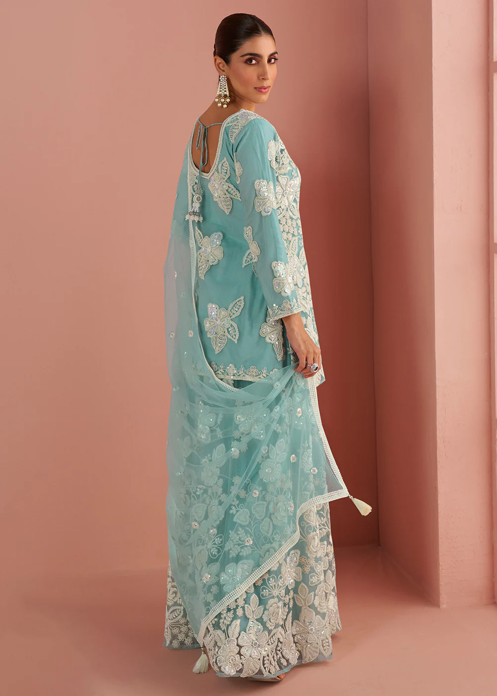 Net Sea Blue Embroidered Party Wear Palazzo Suit - Image 3