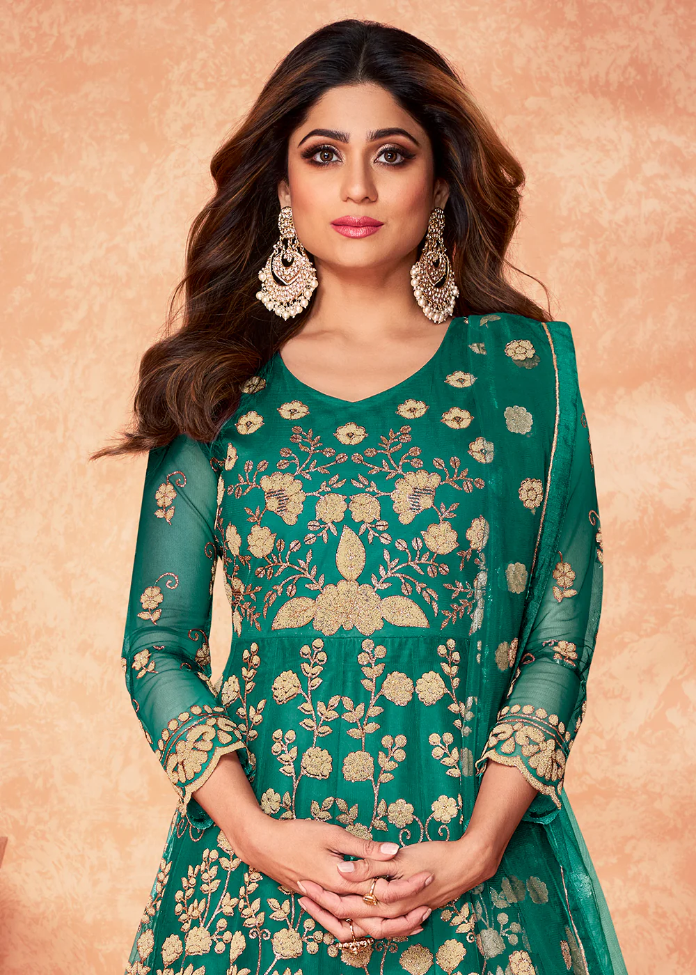 Net Shamita Shetty Teal Green Beads Work Wedding Anarkali - Image 2